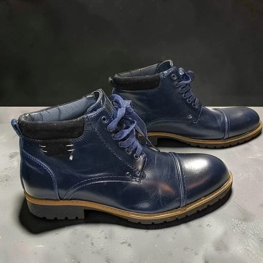 Mens Navy Blue Faux Leather Cap Toe Boots Size 11 Lug Sole Laced